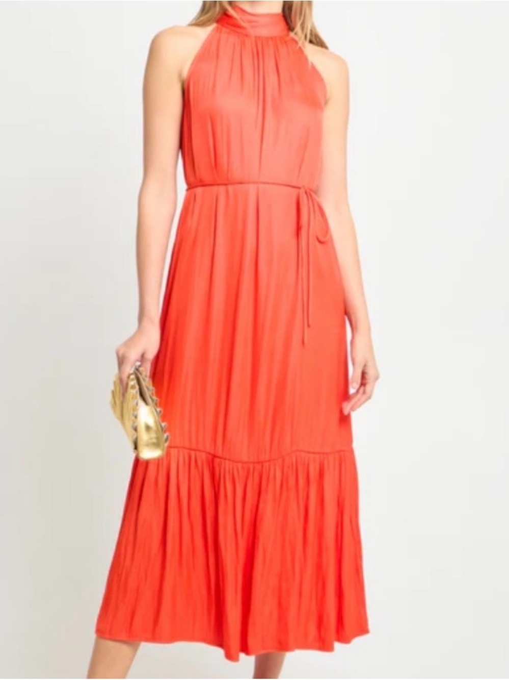 High-Neck Coral Midi Dress with Waist Tie